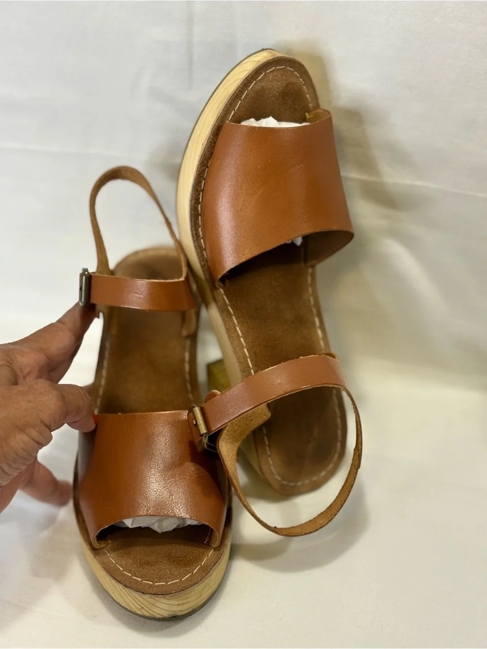 URBAN OUTFITTERS Brown Leather Ankle-Strap Wood Clog Sandals Boho Retro 7.5 $80
